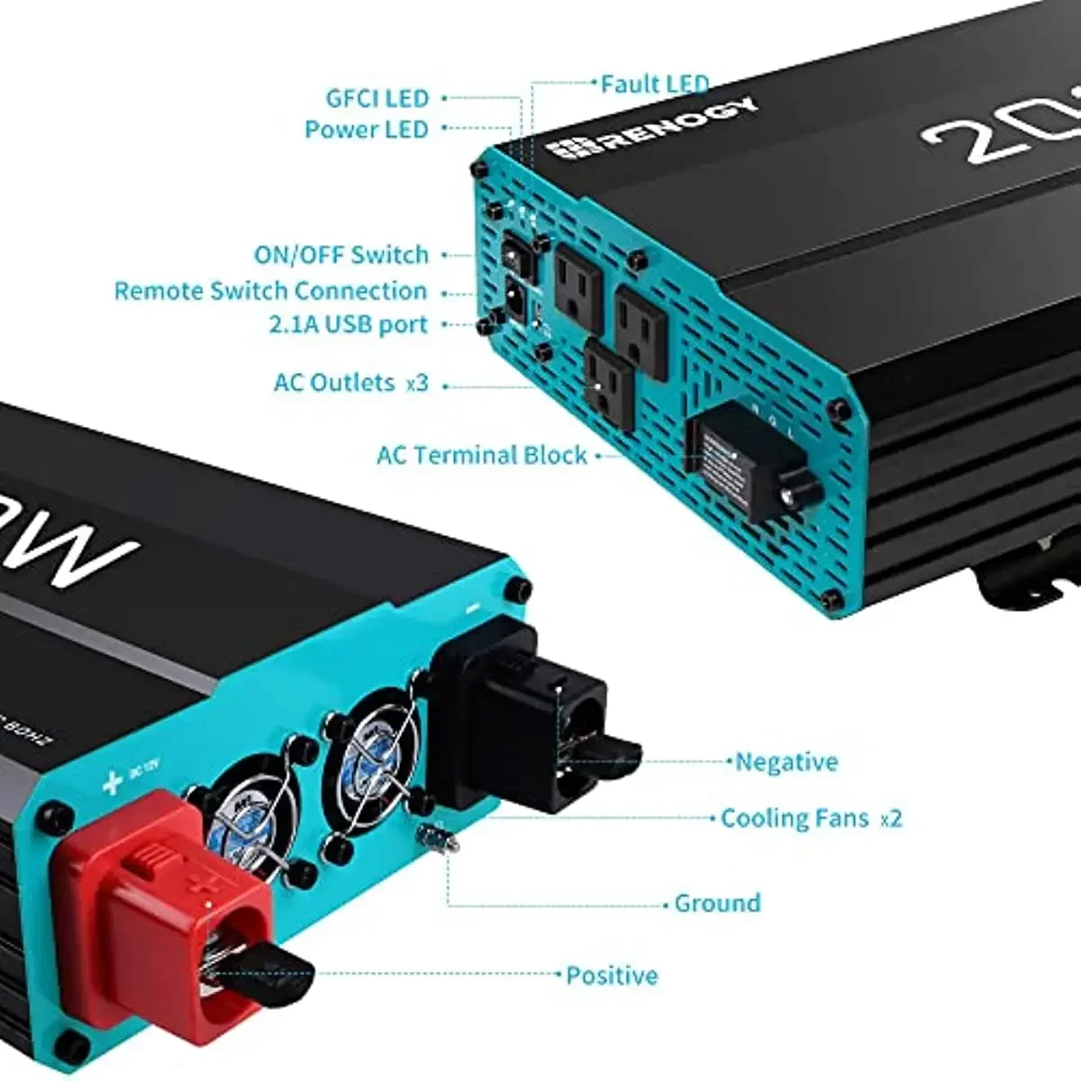 Imagem -04 - Renogy-inversor de Onda Senoidal Pura Inversor de Energia Solar 12v dc para 120v ac Converter Casa rv Caminhão Offgrid 2000w