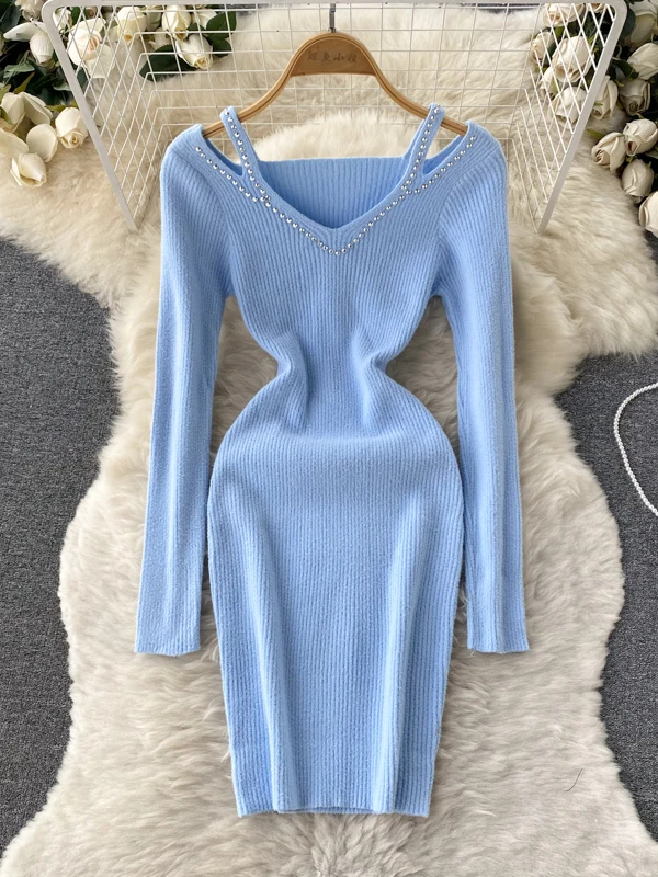 시크 니트 랩 드레스 오프숄더 롱 슬리브 하이웨이스트 A라인 스커트 한국 스타일 출퇴근 순수한 매력 가을 여성 드레스