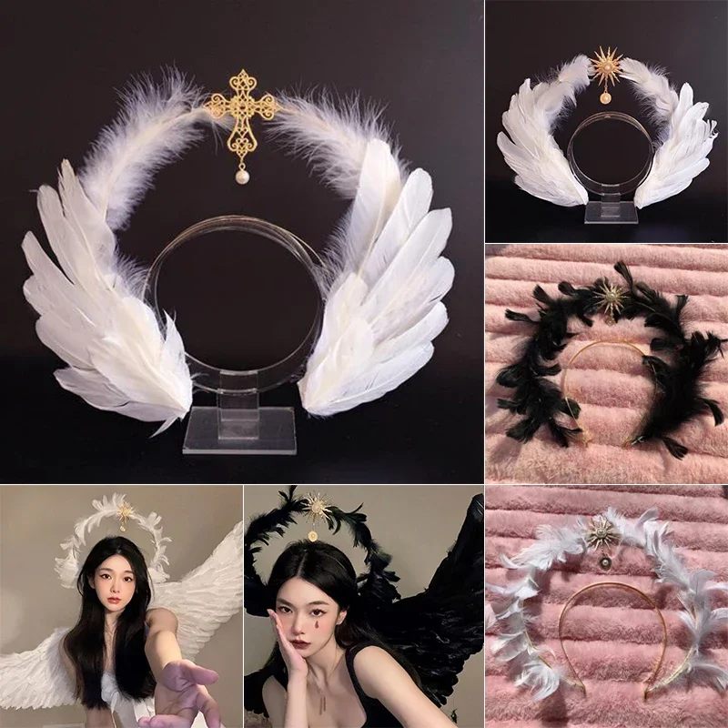 Bandeau de sauna d'elfe d'ange pour femmes et filles, plume d'ailes blanches, déesse Lolita, accessoire de costume d'Halloween et de Noël, habillage de fête