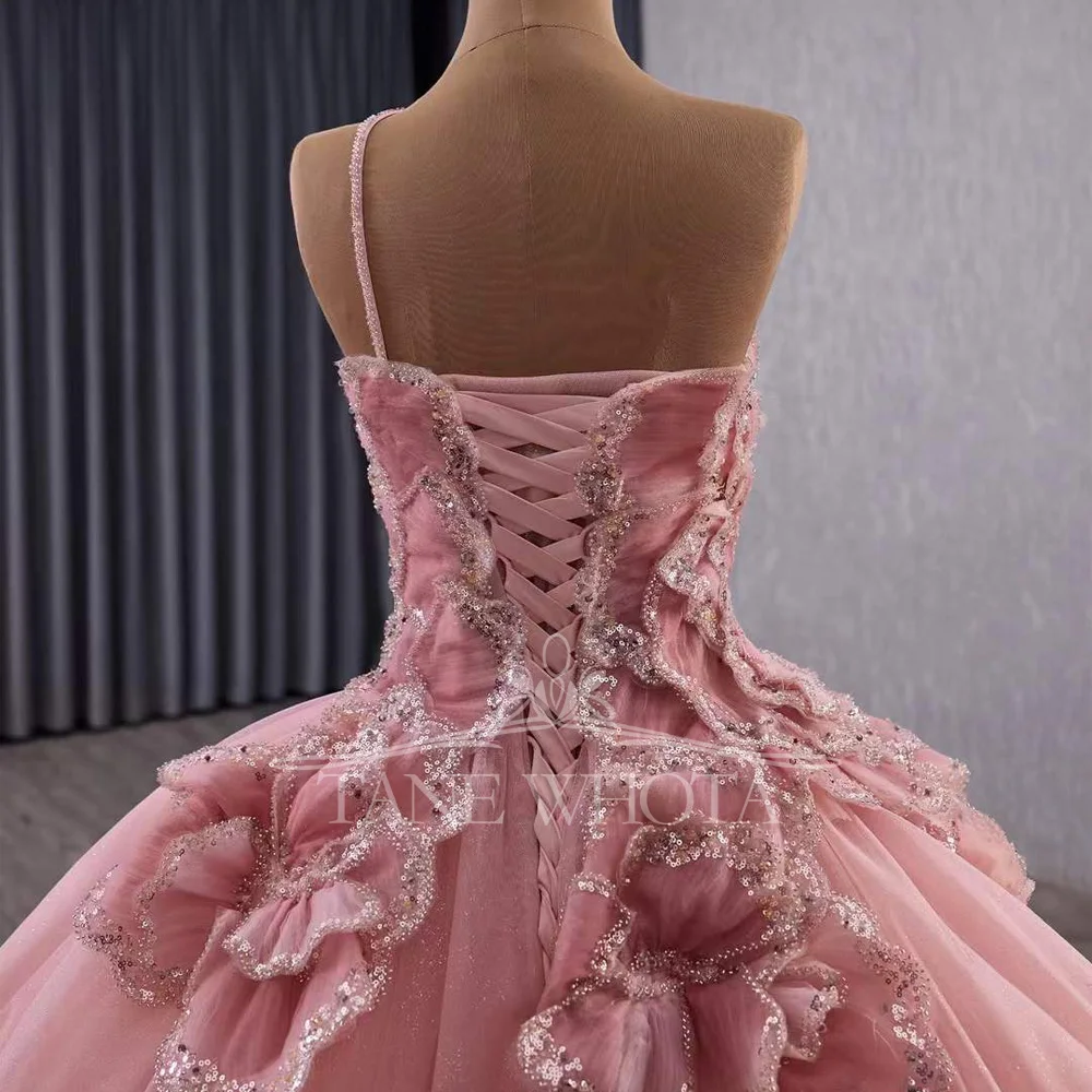 Vestidis Customizable Pink Prom Dress Quinceañera One-Shoulder Lace-Up Back Sequined Tiered Design For Women
