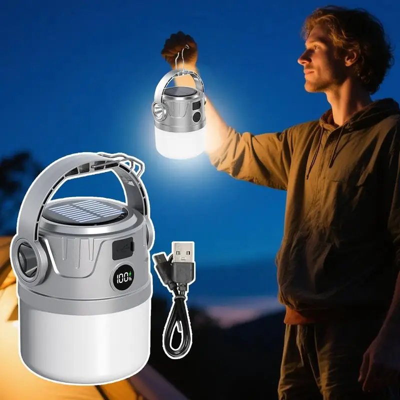 

Solar Camping Lantern LED Waterproof Flashlight Digital Display Power Outage Light For Fishing Garage Outdoor Emergency Lighting