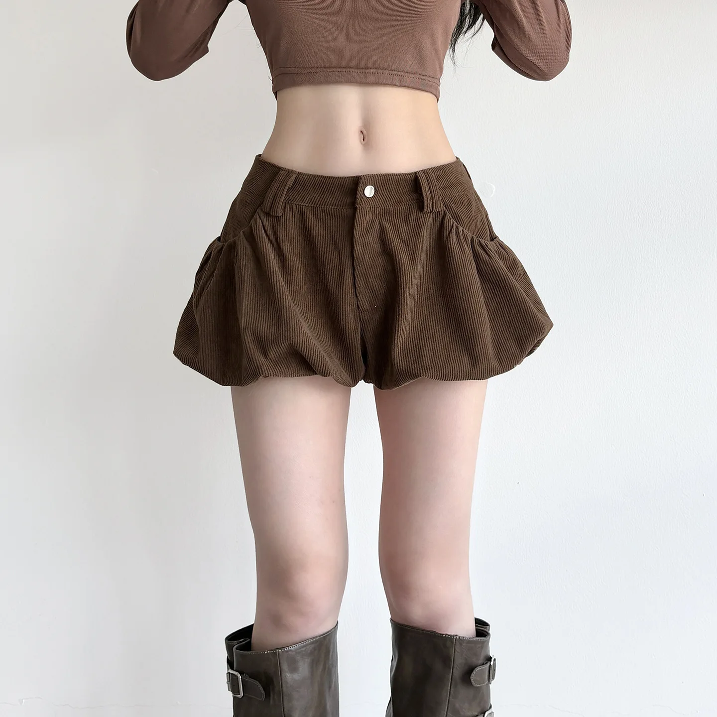 DSMTRC Autumn Korean Style Women Y2k Corduroy Bud Shorts Solid Color Low Waist Mini Shorts With Belt 2000’s Clothes Shorts Skirt