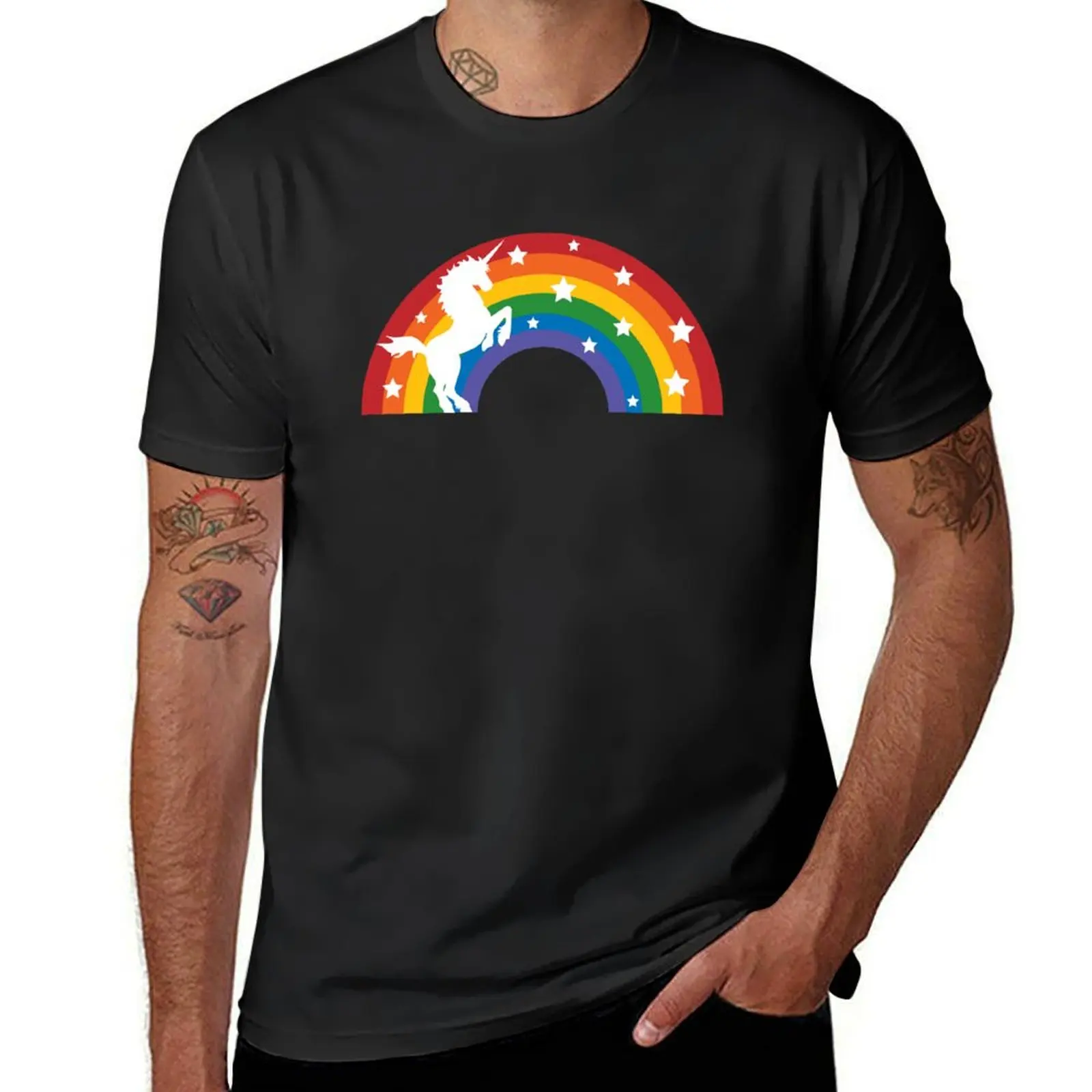 

Retro Unicorn and Rainbow T-Shirt anime funnys mens workout shirts