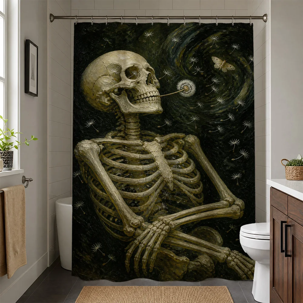 Cosmic Skeleton Galaxy Mural Shower Curtain Waterproof Bathroom Decor Gothic Space Art Print Liner for Modern Celestial Home Aes