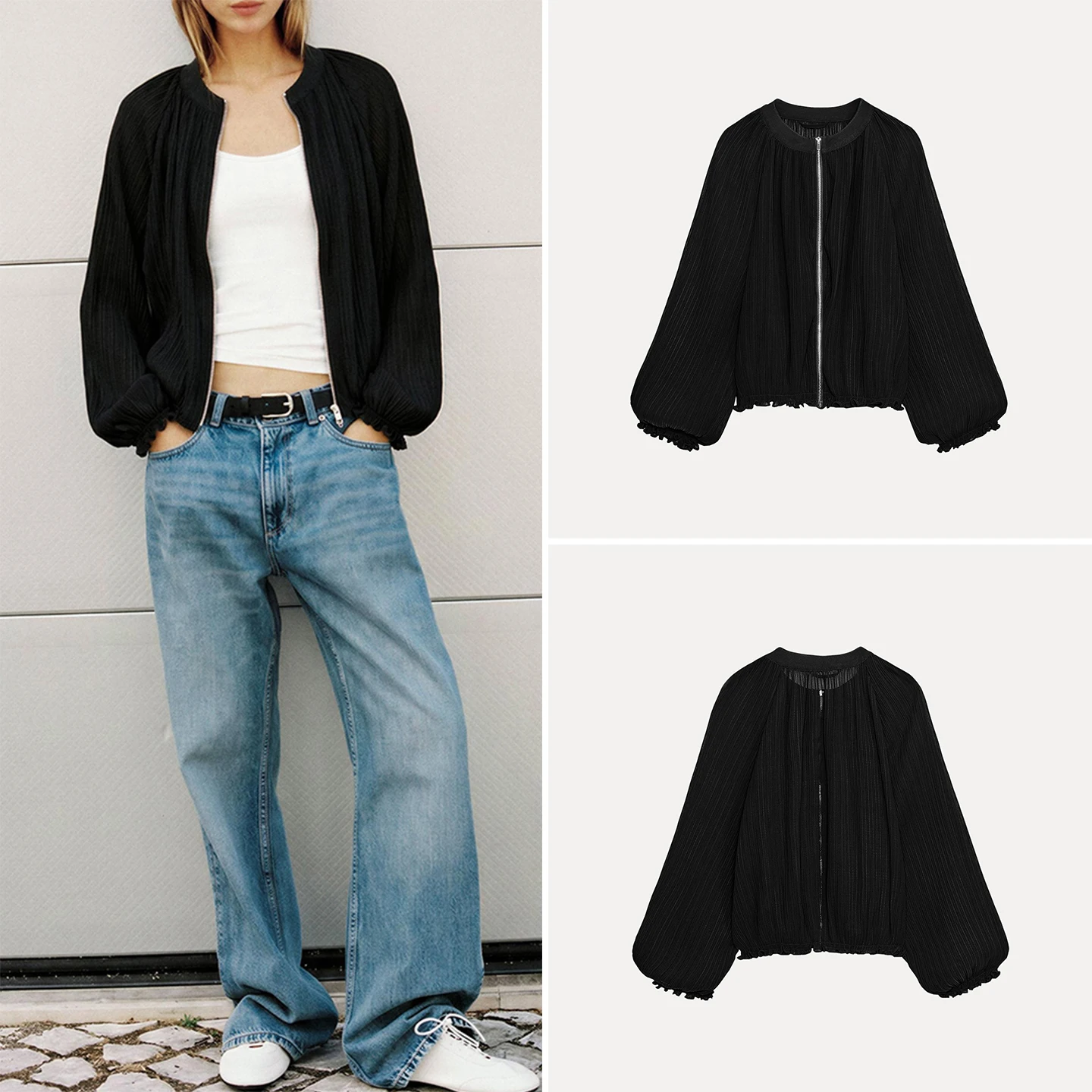 Women's Long Sleeve round Neck Pleated Zipper Coat Autumn Fashion Outerwear Standard Fit Short Coat ZADATA 2026 Fall Collection