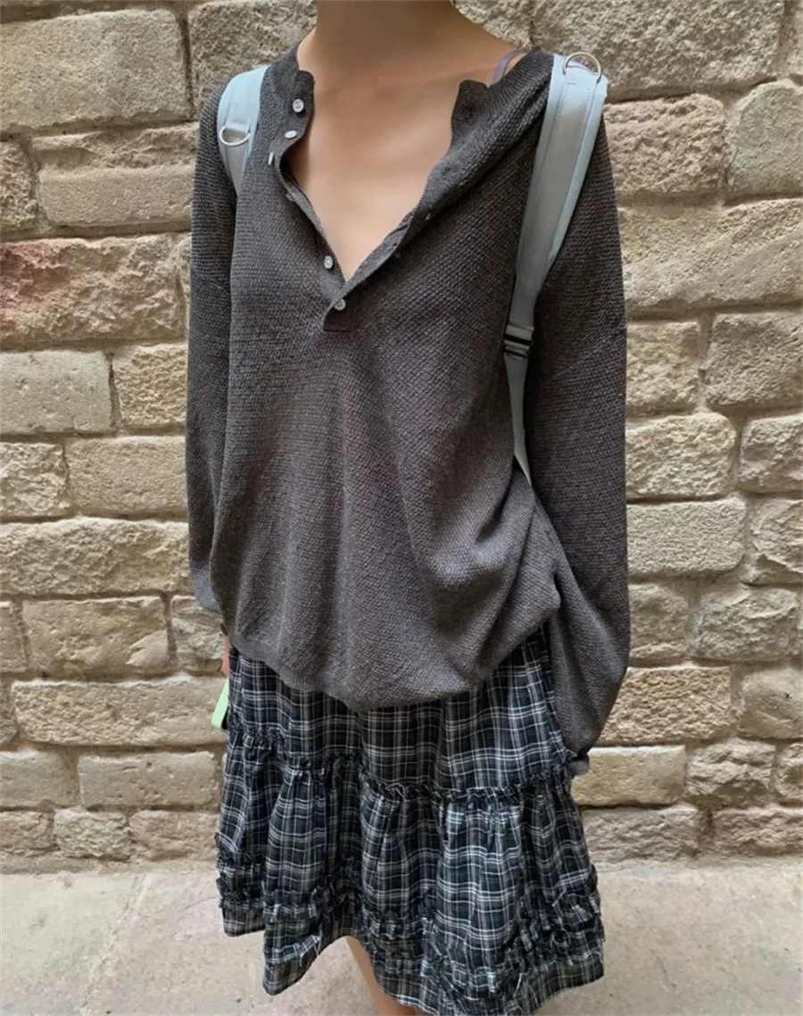 

Faionable Loose Knitted Top And Plaid Skirt Set Women's Casual Sle Long Sve V-Ne Autumn Winter New Arrival