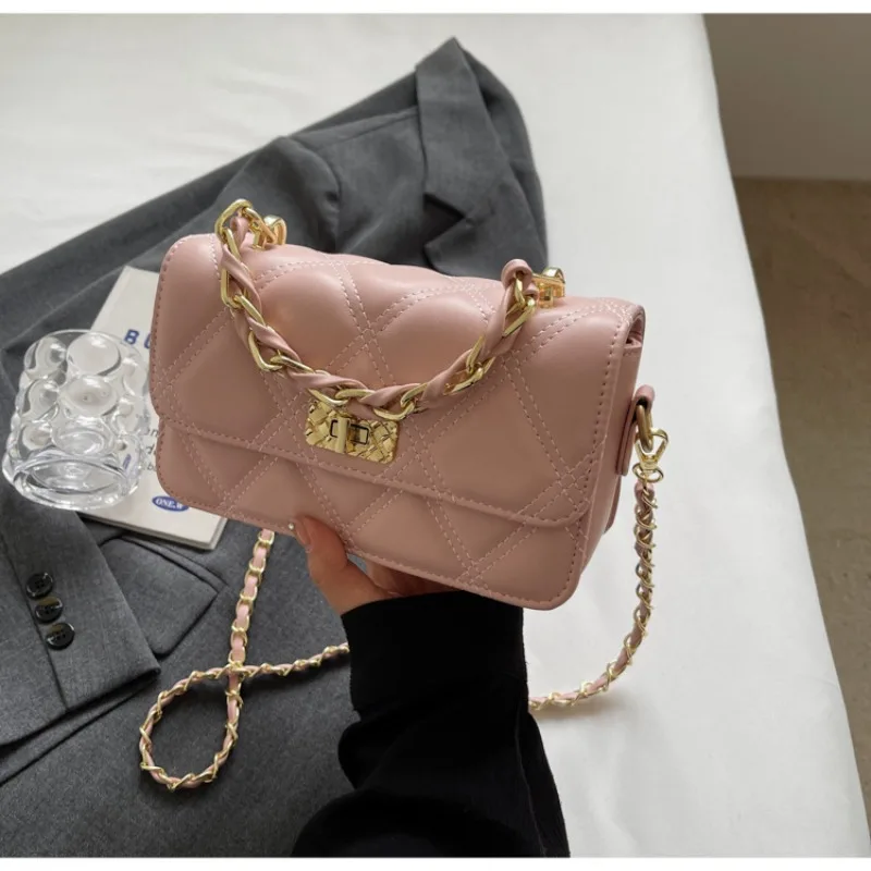 Luxury Diamond Lattice PU Leather Chain Crossbody Bag For Women Sewing Thread Shoulder Bag Twist Lock Ladies Purses And Handbags