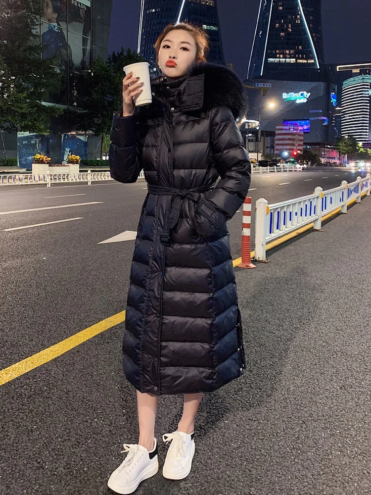 Winter Women thick white Down coats White Duck Down fur collar Hooded Jackets Long Sleeve Warm Parka Portable Outwear