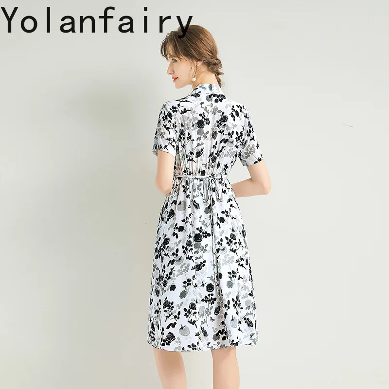YOLANFAIRY 100% Reale Abiti di Seta di Gelso per la Donna 2025 High-end Stampato Abito Bianco Abiti Eleganti Abiti Estivi vestidos de mujer