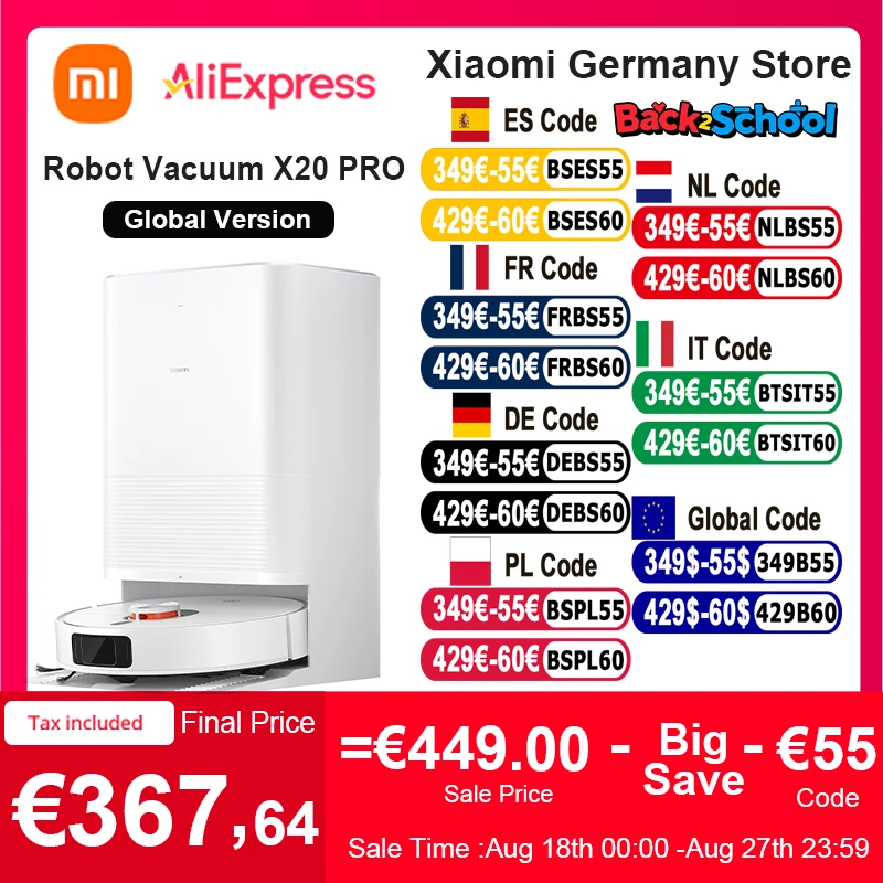 Versione globale Xiaomi Robot Vacuum X20 Pro Controllo vocale Raccolta automatica della polvere Scansione della casa intera Pulizia del liquido dei capelli