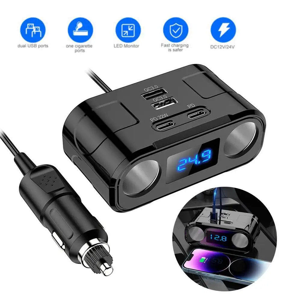 

60W Car Cigarette Lighter Socket Splitter Plug 12-24V PD QC3.0 USB Fast Charger 4Port Socket With Voltmeter Extension Cable