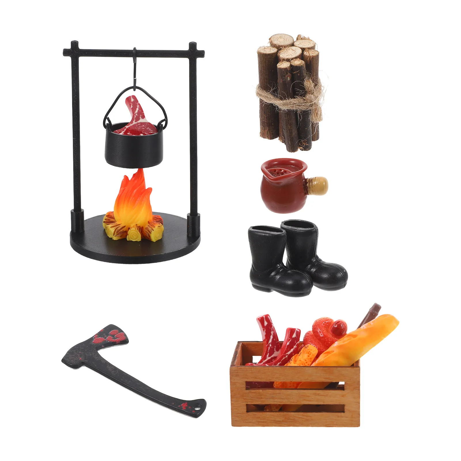 

1Set Miniature Campfire Ornament Micro Landscape Decor Realistic Resin Bonfire Fake Steak Simulation Outdoor Scene Dollhouse