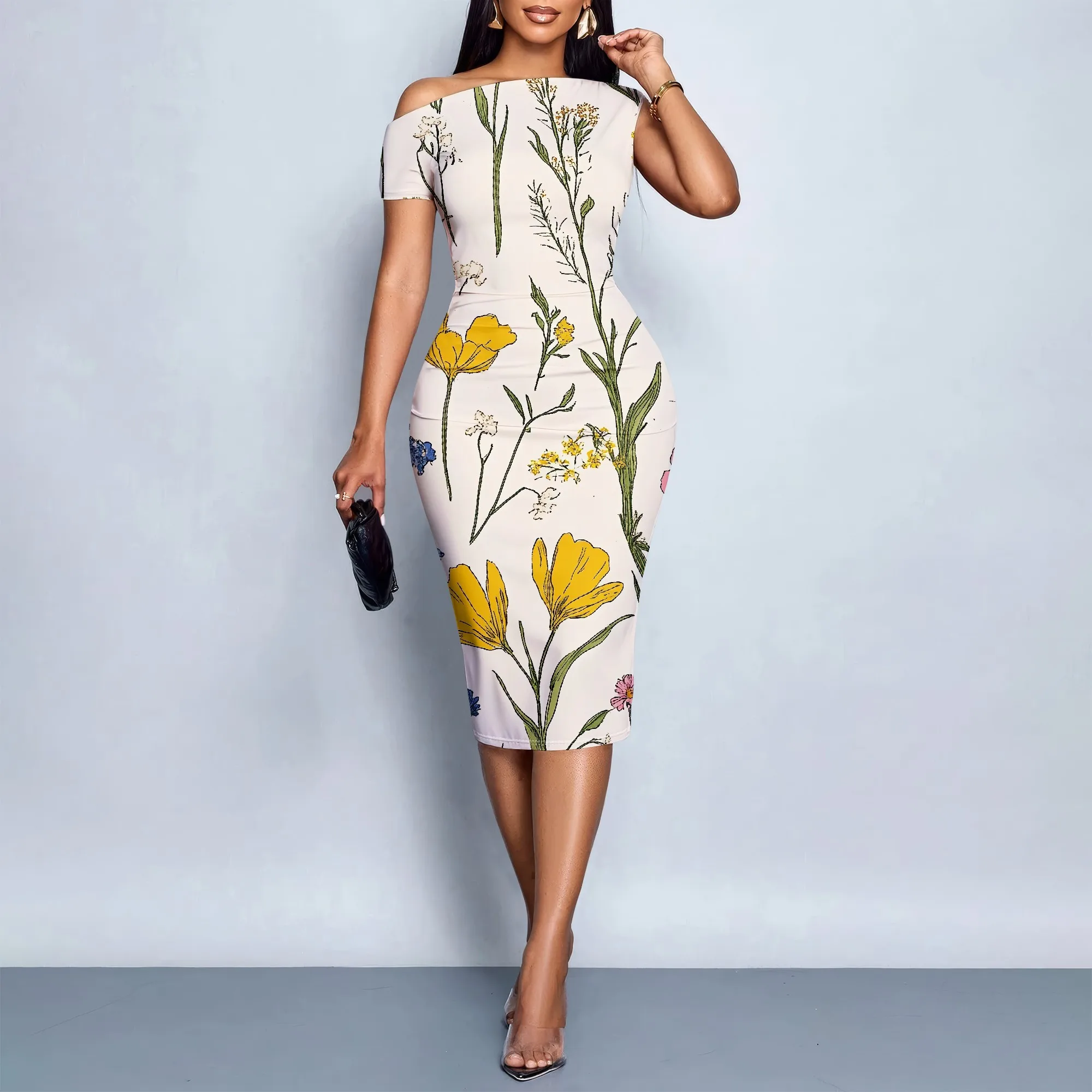 

Floral Off Shoulder Dress, Botanical Print Bodycon, Short Sleeve Party Wear, Elegant Midi for Women, S-2XL