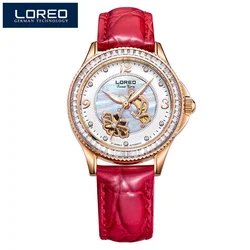 LOREO Shell Dial Women Watches Automatic Mechanical Premium Leather Strap Wrist Watches Ladies 5ATM Waterproof Female Relogio