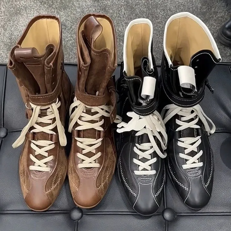 

2025 New Women's Thin Boots Women's Flat-bottomed Mid-tube Fashion Boots High Street Soft Leather German Training Boots