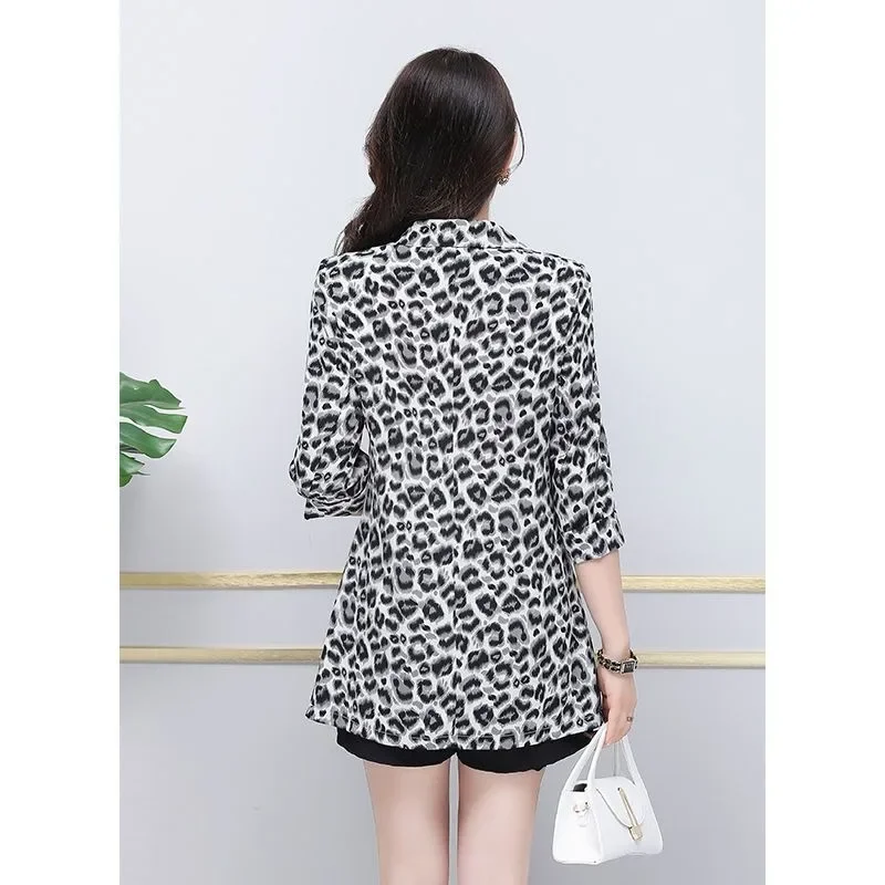 Three-Quarter Sleeve Leopard Print Small Suit Spring Summer New Women\'s Mid-Length Casual Waist Tight Blazer Fashion Slim Jacket