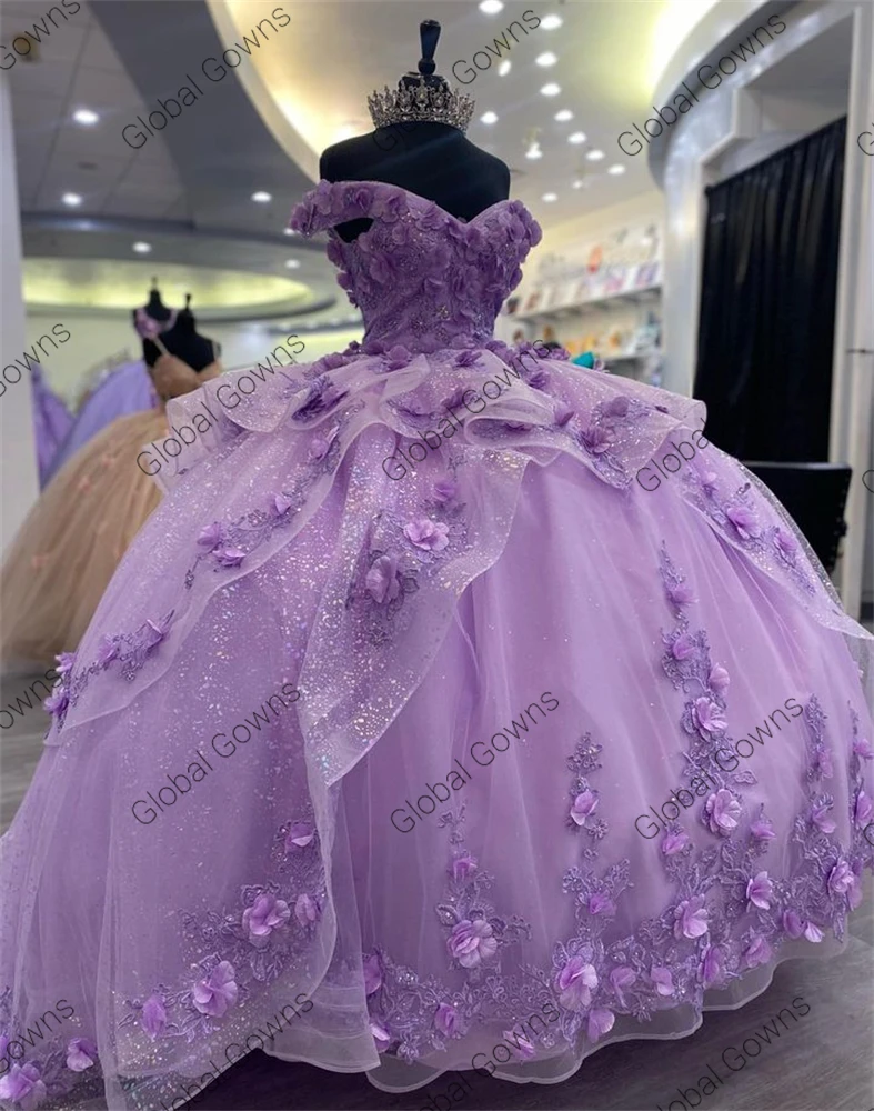 Princess lilla Purple Off The Shoulder Ball Gown Quinceanera Dress For Girls Beaded 3D Flowers Sweet 16 Birthday Party Gowns Lac