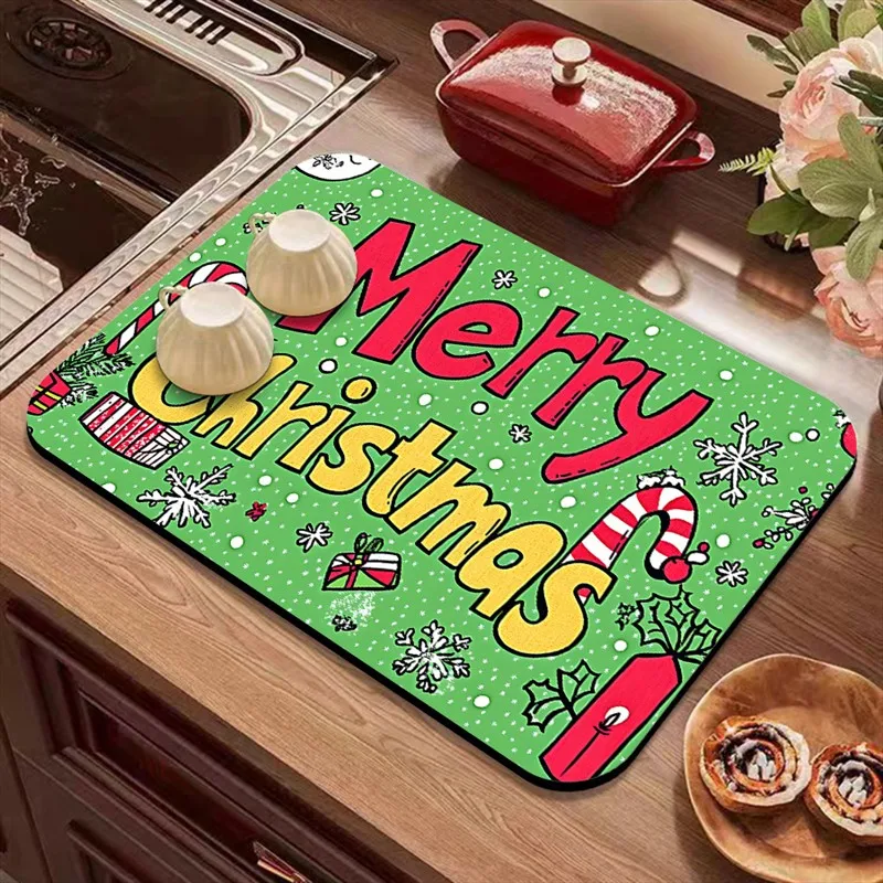 VIKAMA Diatomite Drying Mat, Super Absorbent Quick Dry Non-Slip Kitchen Counter Merry Christmas Reindeer Candy Cane
