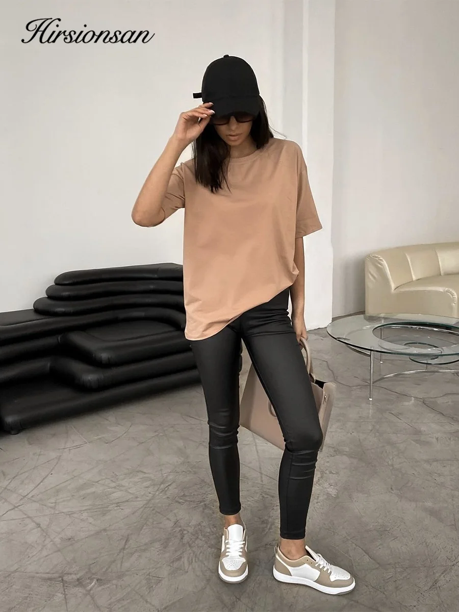 Hirsionsan 100% Cotton T Shirt Women 2024 Summer New Oversized Solid Tees Casual Basic Loose Tshirt Chic O Neck Female Tops