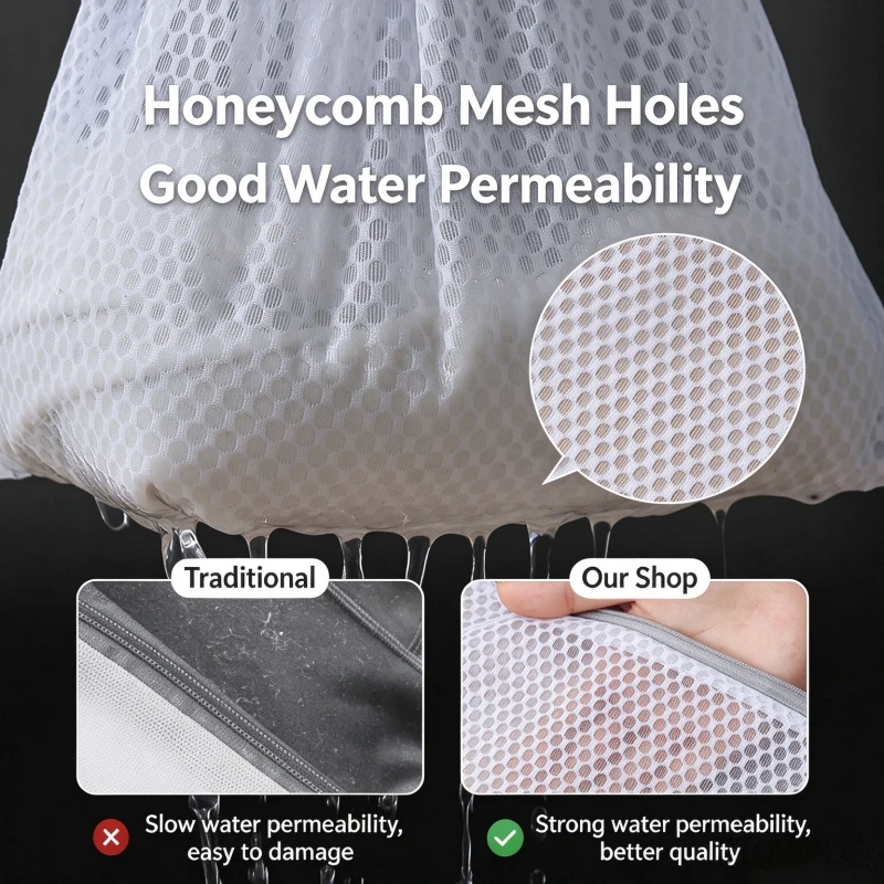 Wäschebeutel aus Wabenstruktur, grobes Netz, verformungsresistent, mit Reißverschluss, für empfindliche Kleidungsstücke, BHs, Socken, Waschmaschine und Reisen – Detail 6