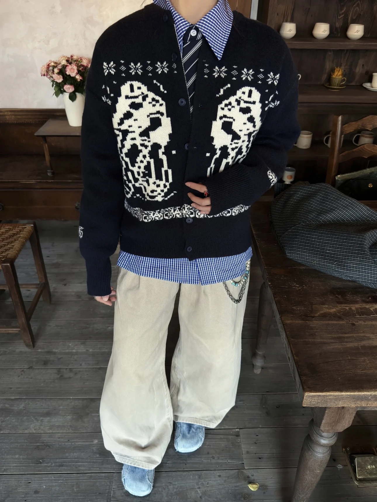 

Thi Knitted Cardigan Sweatirt ex Winter Warm Casual Tassel Trim Animal Patterned Open Front Long Sve Crew Ne