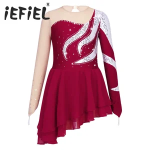 Figure Ice Skating Dress for Kids Girls Shiny Sequins Ballerina Party Costume Ballet Lyrical Dance Dress for Stage Performance