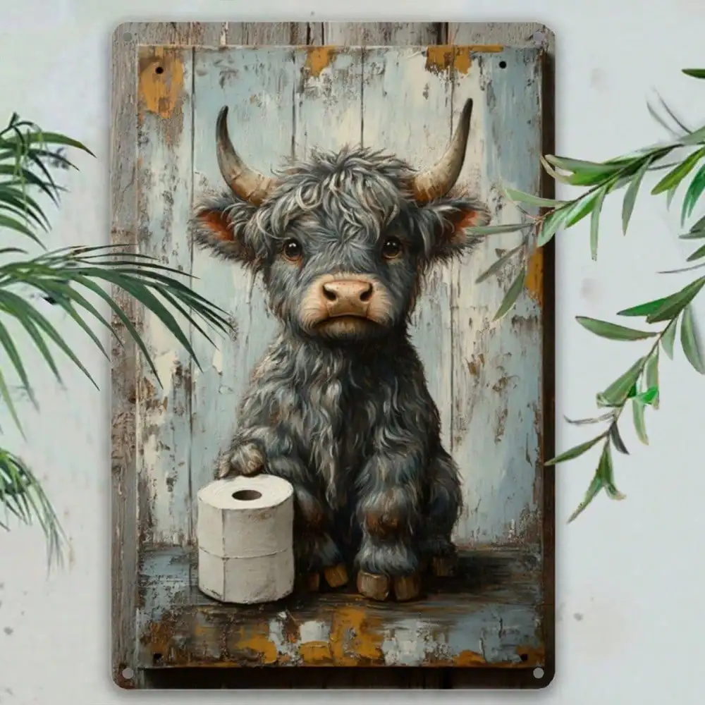 7.8x11.8 Inches Vintage Highland Cow Metal Sign - Cute Animal Holding Toilet Paper, Tin Wall Art for Home/Bar/Cafe