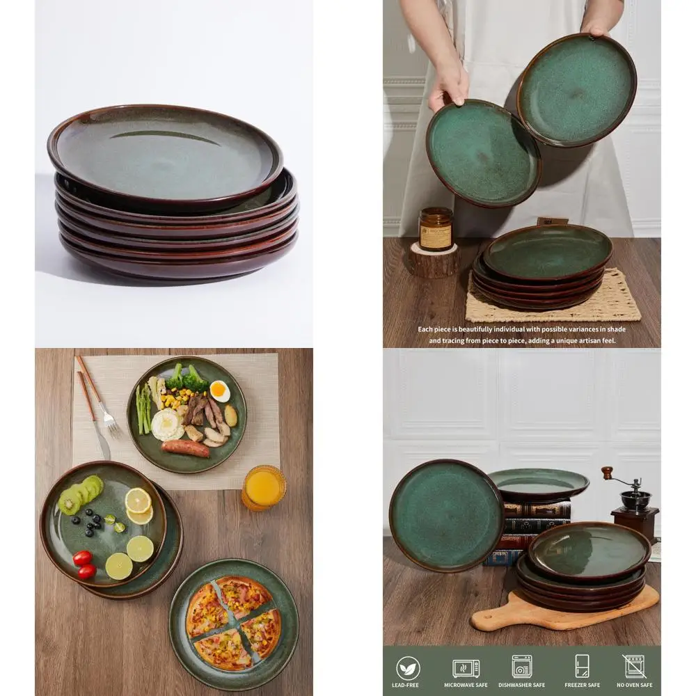 

ceramic dinner plates set of 6, 10 inch handmade reactive glaze stoneware plates, modern rustic dinnerware, microwave & dishwash