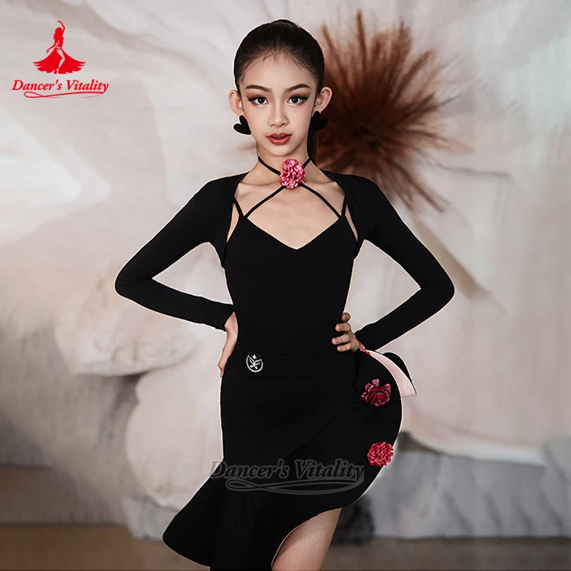 اللاتينية طويلة الأكمام يوتار + تنورة + لباس خارجي الرقص ثلاث قطع مجموعة راقصة حيوية الأطفال والمراهقين تشاتشا التدريب الملابس #2