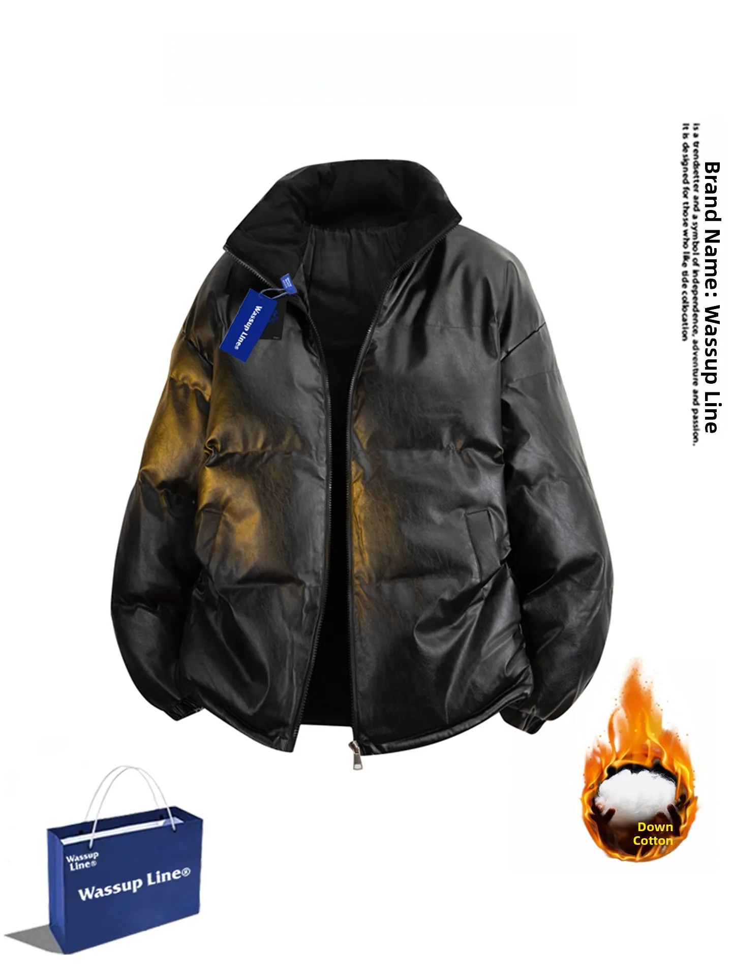 

Wassup Line Men's PU Leather Cotton Jaet Stand Collar Warmth Pure Color Faionable Winter Outerwear Casual Loose Fit