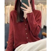 Cardigan à Capuche en Cachemire 100% Laine Mérinos pour Femme, Pull Solide, Tricot Chaud 6