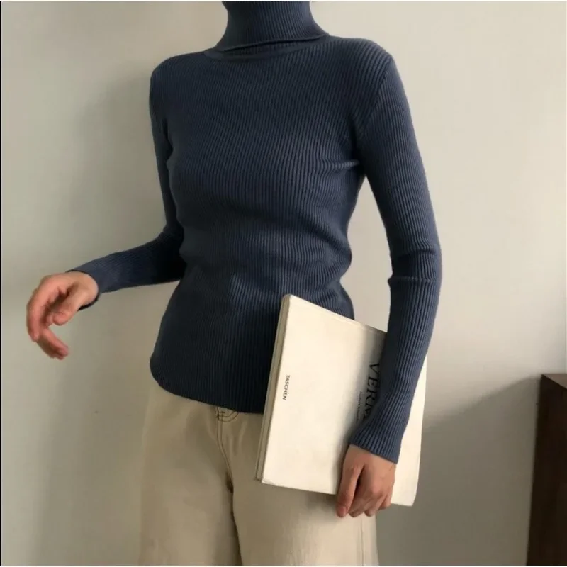 Suéter de cuello alto para mujer, Jersey elegante de punto de fondo Delgado, Tops informales de manga larga, Otoño e Invierno