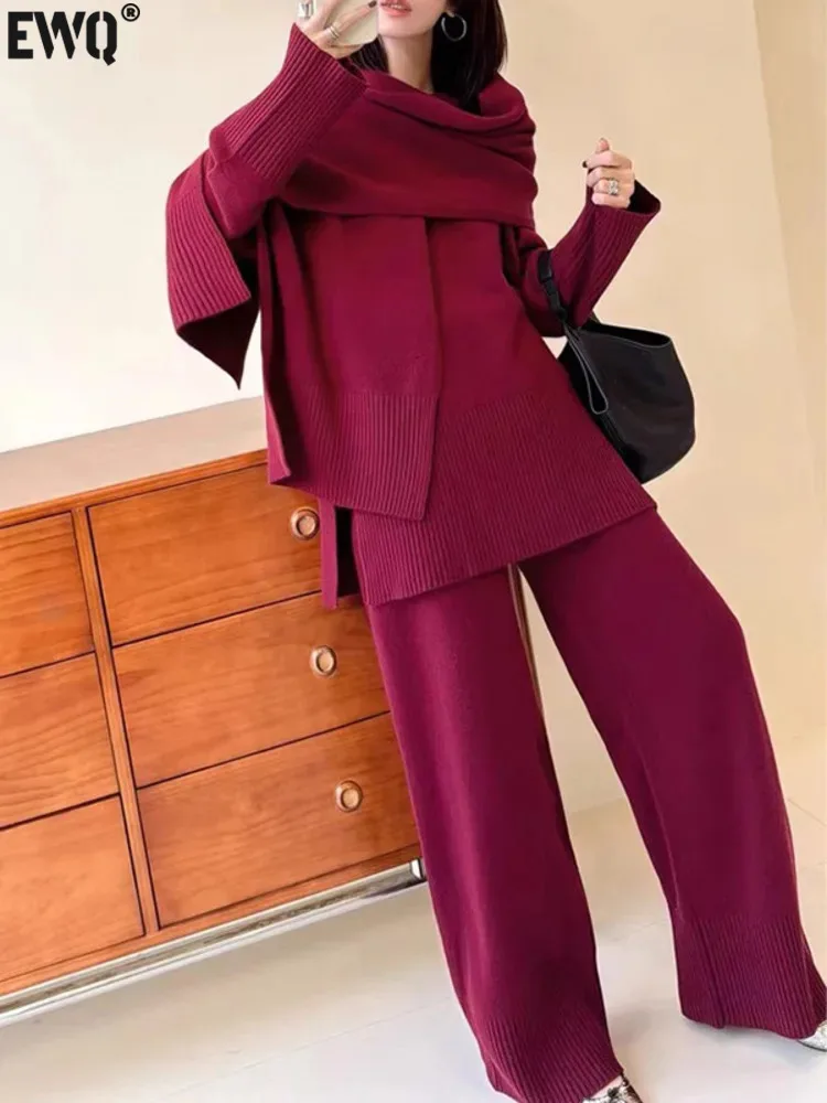 [EWQ] Minimalist Style Long Sleeve Sweater With Scarf And High Waist Trousers Casual Women 3 Piece Set 2024 Winter New 16O3440