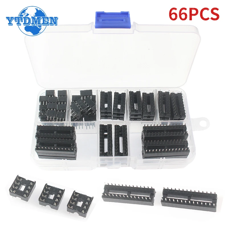 66PCS IC Sockets Adaptor Solder Type Socket Kit DIP 6 8 14 16 18 20 24 28 Pin IC Connector, for Arduino