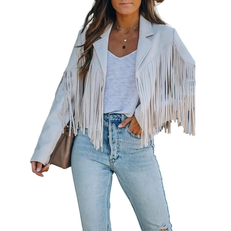 

Vintage Spring Autumn Bomber Jacket Brown Coat Lapel Fringe Long-sleeved Outerwear Streetwear Trends Single-breasted Cropped Top