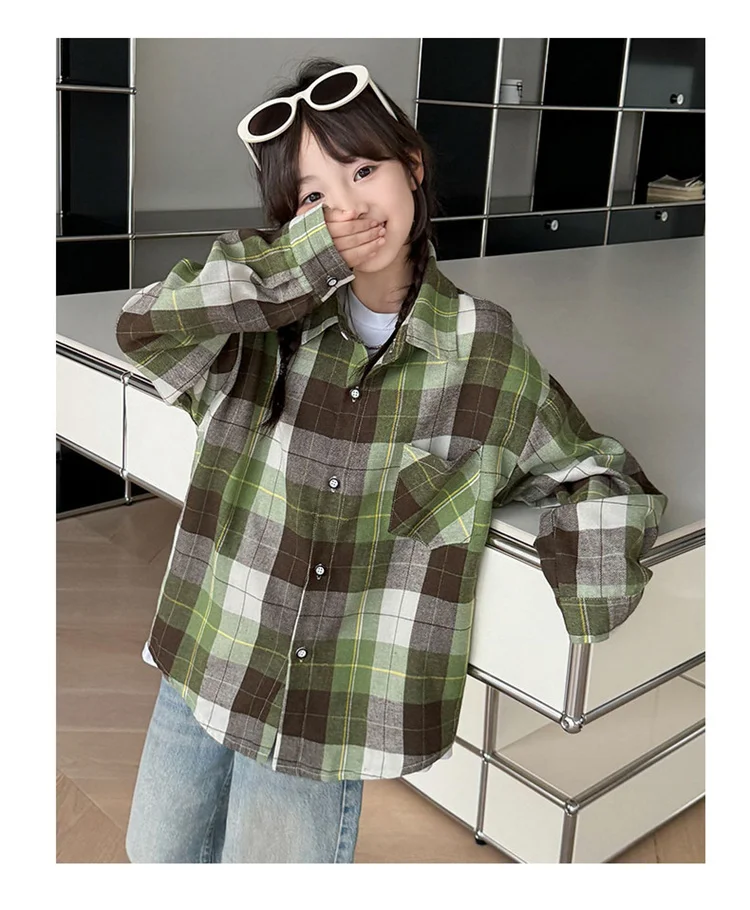 Koreanischer Stil, langärmliges kariertes Hemd für Teenager-Mädchen mit Tasche, neue Mode-Streetwear-Oberbekleidung für Kinder, Baumwollbluse für Kinder im Alter von 5-14 Jahren. – Detail 8