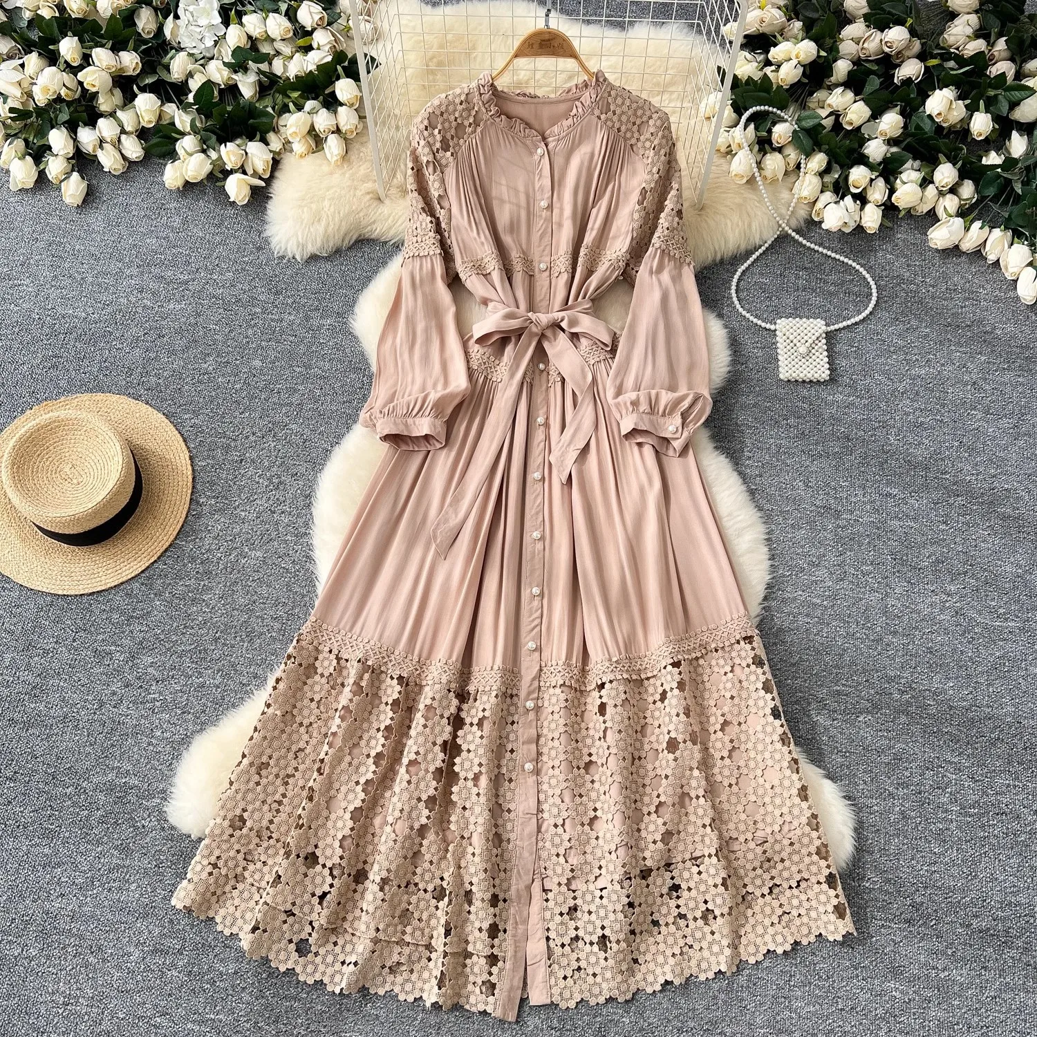 Boho Retro Hollow Hook Flower Ricamo Abito in pizzo Splicing Papillon Vita Abiti lunghi monopetto Abito lungo da spiaggia per le vacanze