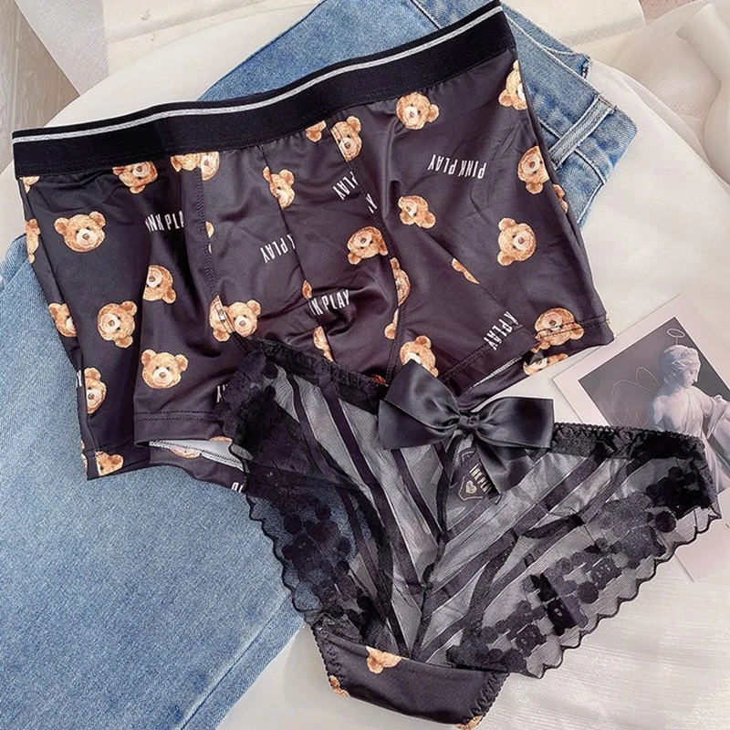 Trendy Two Piece Set New Couple Matching Underwear for One Man and One Woman Lace Sexy Brief Boy Boxer Shorts Cute Underpants