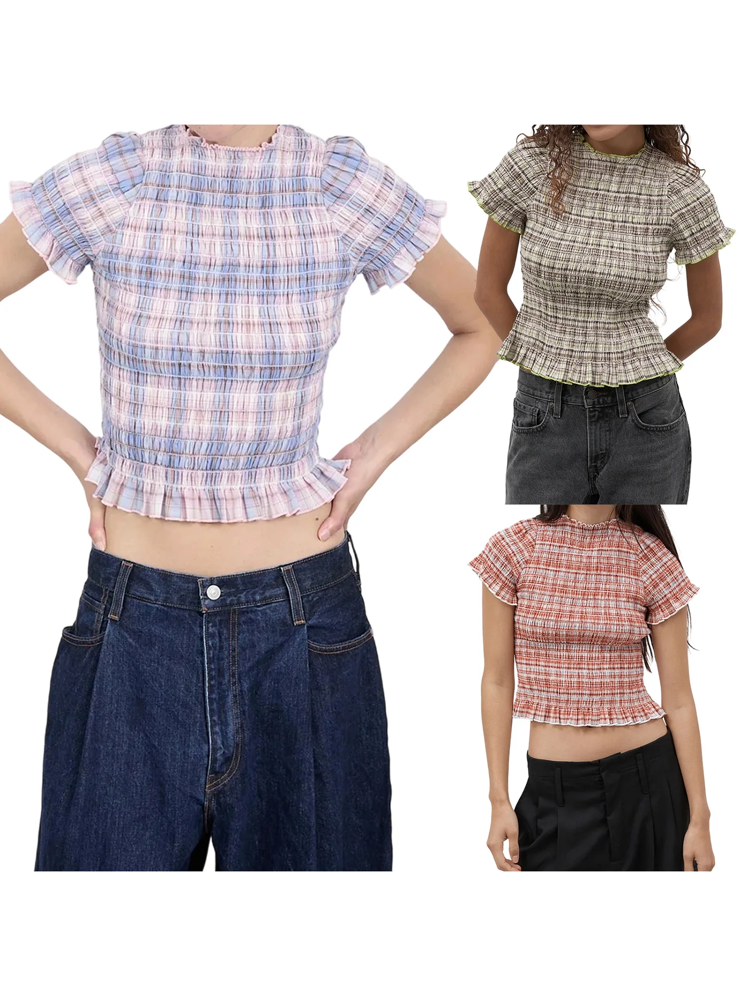 Geruite blouse met ruches, nephals en korte mouwen, fit crop top voor dames, casual streetwear voor de zomer