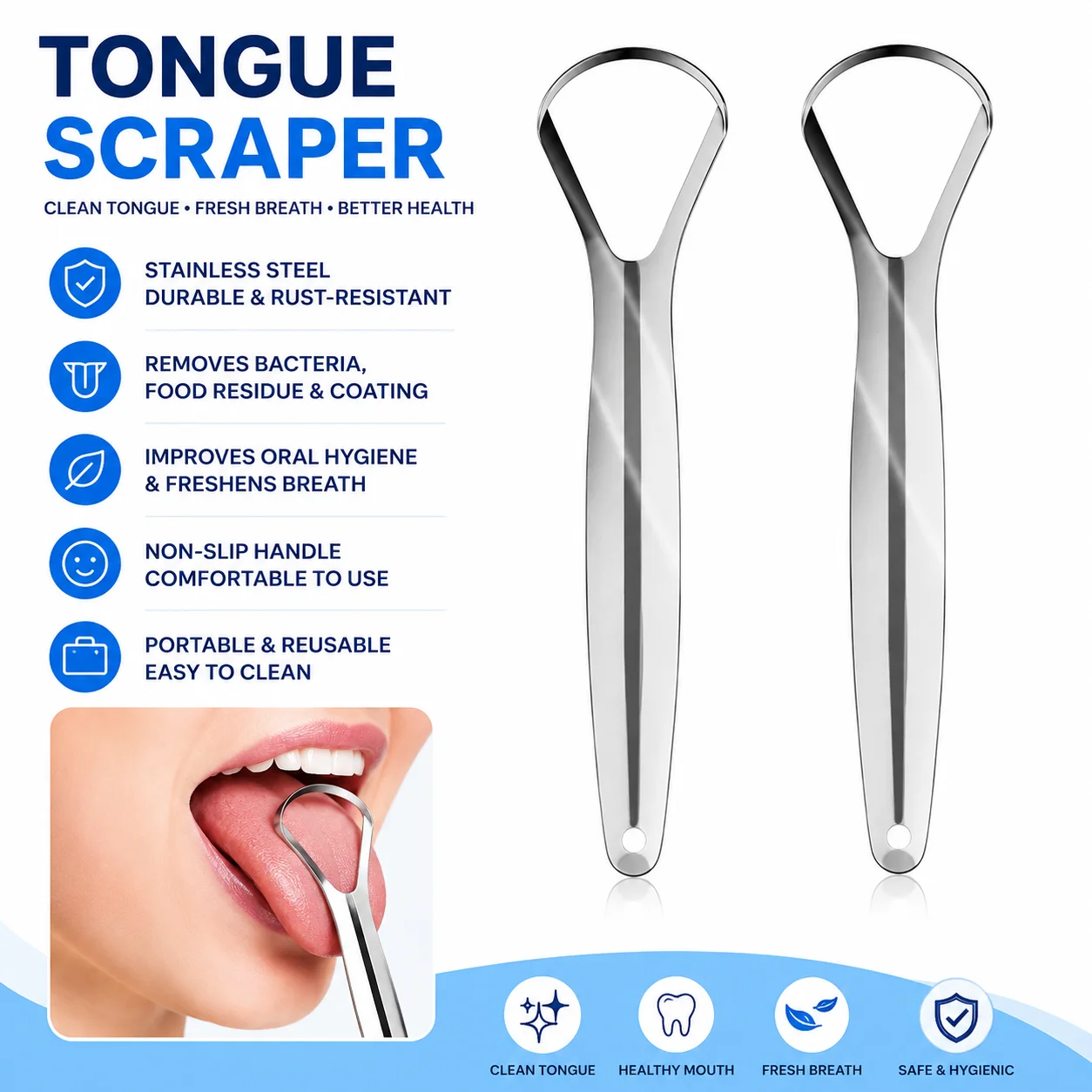 Stainless Steel Tongue Scraper Non-Slip Handle Portable Reusable Tongue Cleaner for Bad Breath & Oral Hygiene Care 1pc