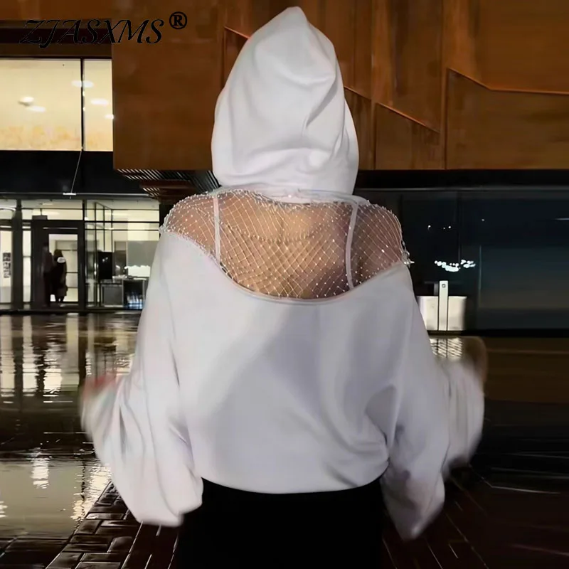 

Y2K Hoodies Woman Sexy Mesh Rhinestone Back Hooded Sweatshirts 2026 Spring Casual Long Sleeve Solid Top Autumn Pullover Harajuku