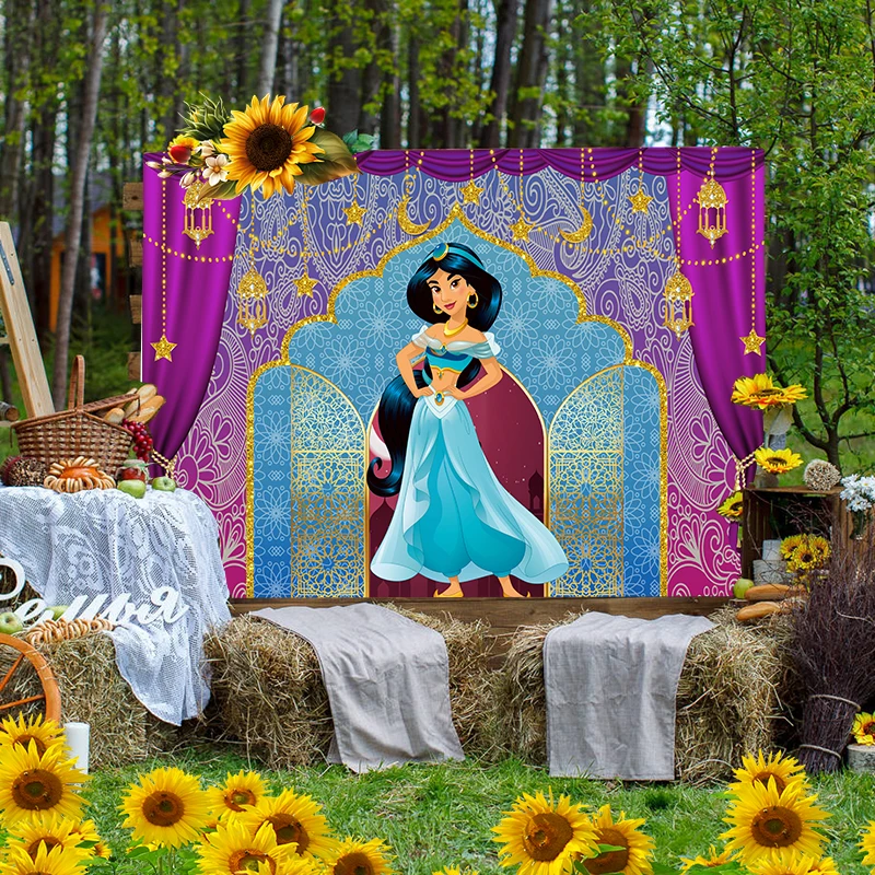 Disney Cartoon Custom Cute Princess Aladdin Jasmine Girls Newborn Birthday Party Decoration Banner Photo Backdrop Photography