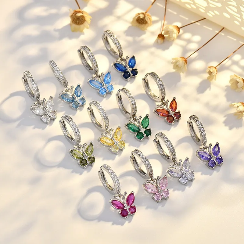 

Twelve Zodiac Butterfly Sterling Silver Needle Earrings, Elegant Korean Style Fashion Simple Zircon Ear Clip Jewelry
