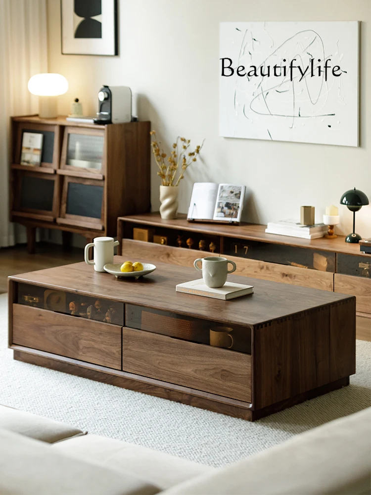 North America Black Walnut Wooden Tea Table TV Cabinet Unit Glass Solid Wood Tea Table Coffee Low Table