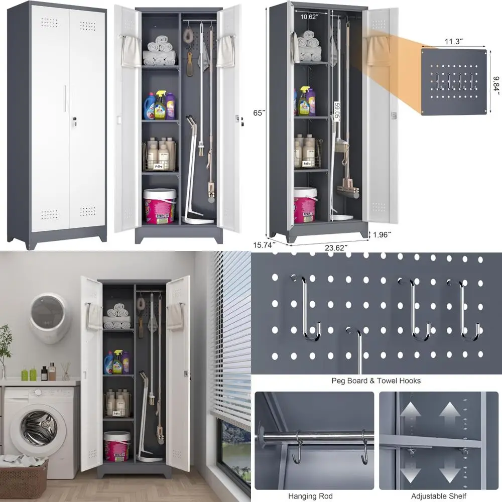 65H 금속 청소 도구 보관 캐비닛 (페그보드 및 행거 포함) 다용도실 정리용