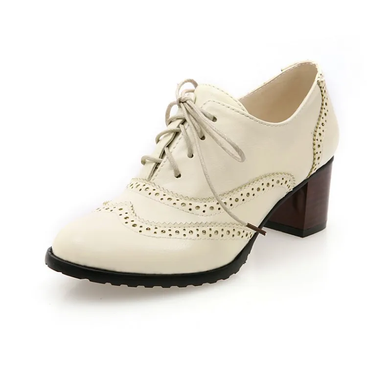 New 2023 Women Pumps Round Toe 5.5cm Wood Heels Platform Brogue Student Carved Retro Lace-Up Classic Spring