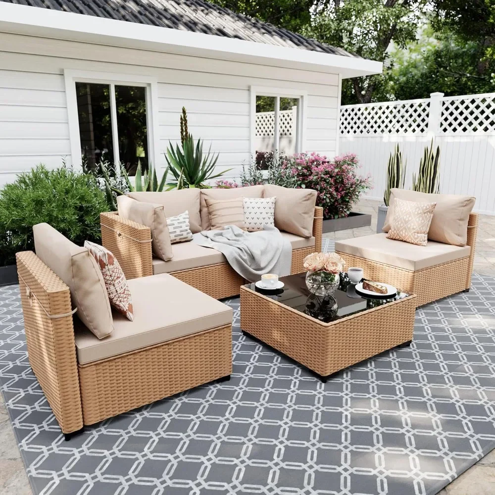 

5 Pieces Patio Furniture Sets Outdoor Sectional Sofa Wicker Conversation Couch for Decks, Backyards, Gardens, Rattan, Cushion