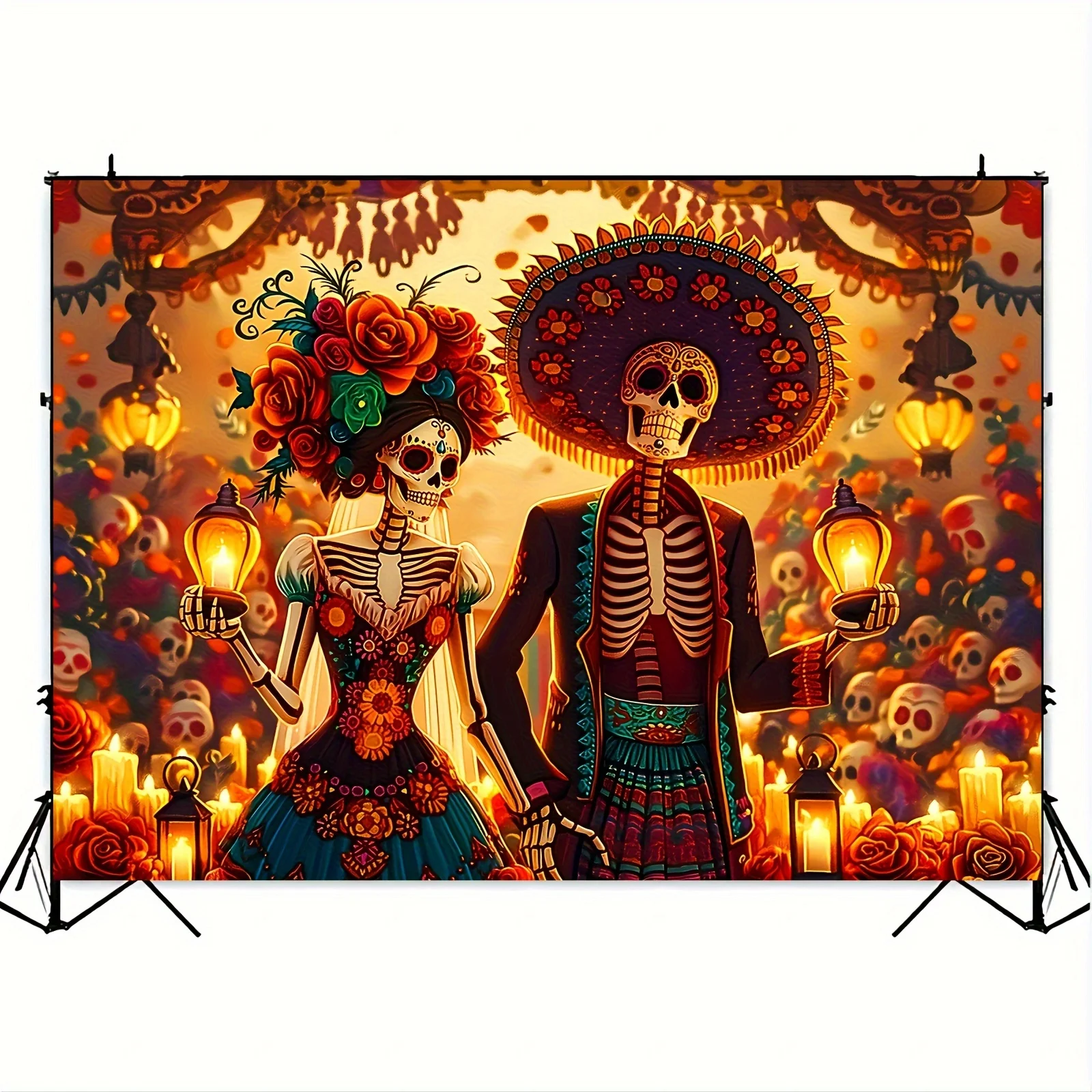 死者の日カーニバル バナー - カラフルなシュガー スカルと花のパターン、パーティー、フォトブース、ホームデコレーション