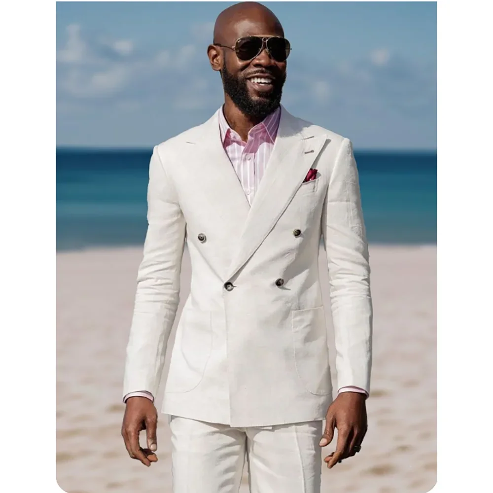 

White Summer Wedding Suits For Men Slim Fit Fashion Bridegroom Tuxedo Custom 2-Piece Suits Jacket Pants Costume Homme