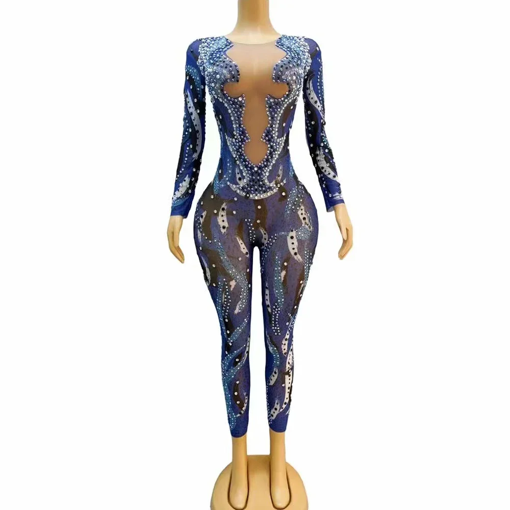 

Sexy Flashing Blue Pearls Rhinestones Stretchy Jumpsuit Dance Stage Wear Nightclub Performance Prom Party Photo Shoot Costume